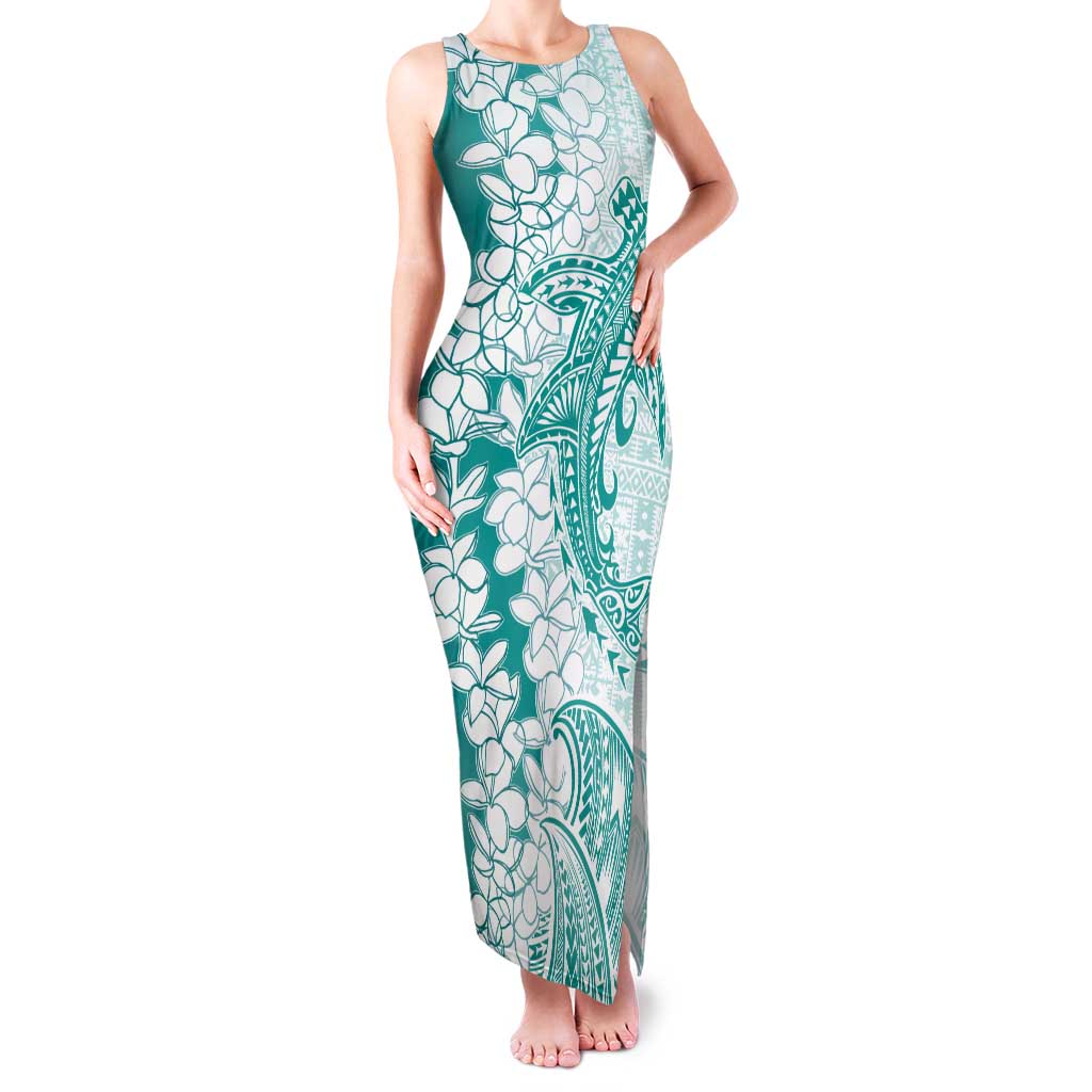 Polynesian Teal Plumeria Lei Tank Maxi Dress with Hammerhead Shark LT7 Women Teal - Polynesian Pride