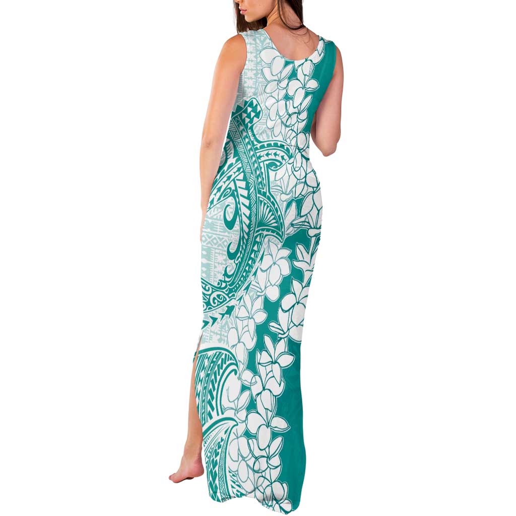 Polynesian Teal Plumeria Lei Tank Maxi Dress with Hammerhead Shark LT7 - Polynesian Pride