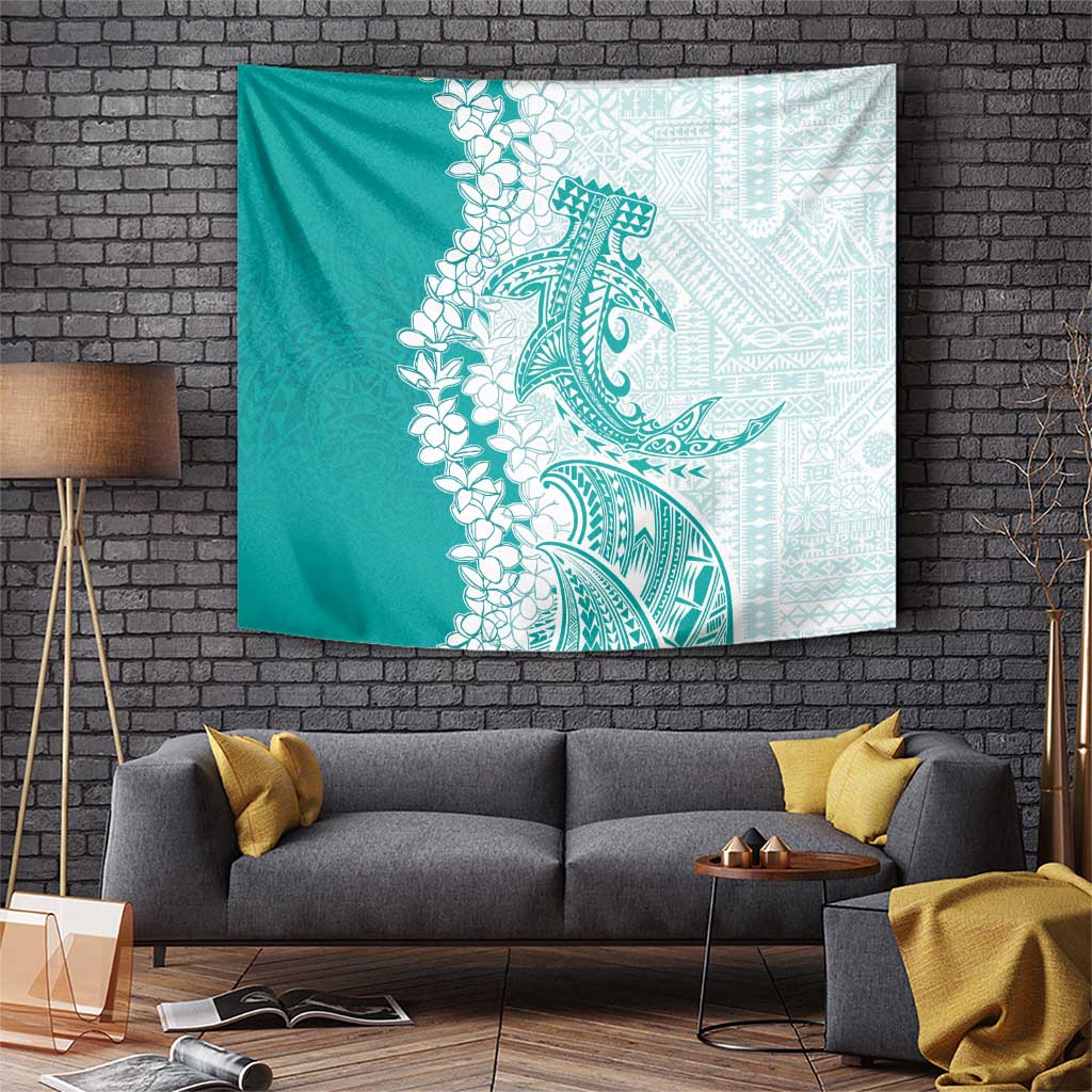 Polynesian Teal Plumeria Lei Tapestry with Hammerhead Shark