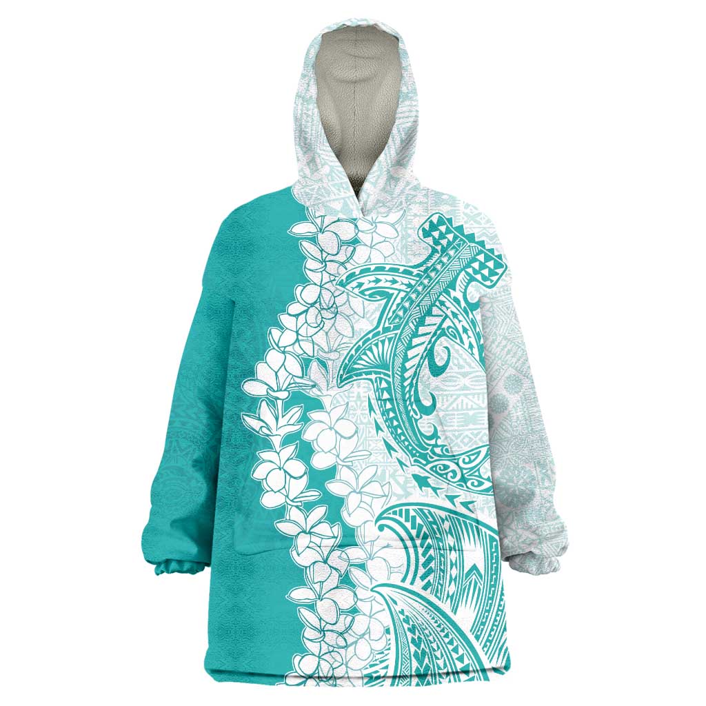 Polynesian Teal Plumeria Lei Wearable Blanket Hoodie with Hammerhead Shark