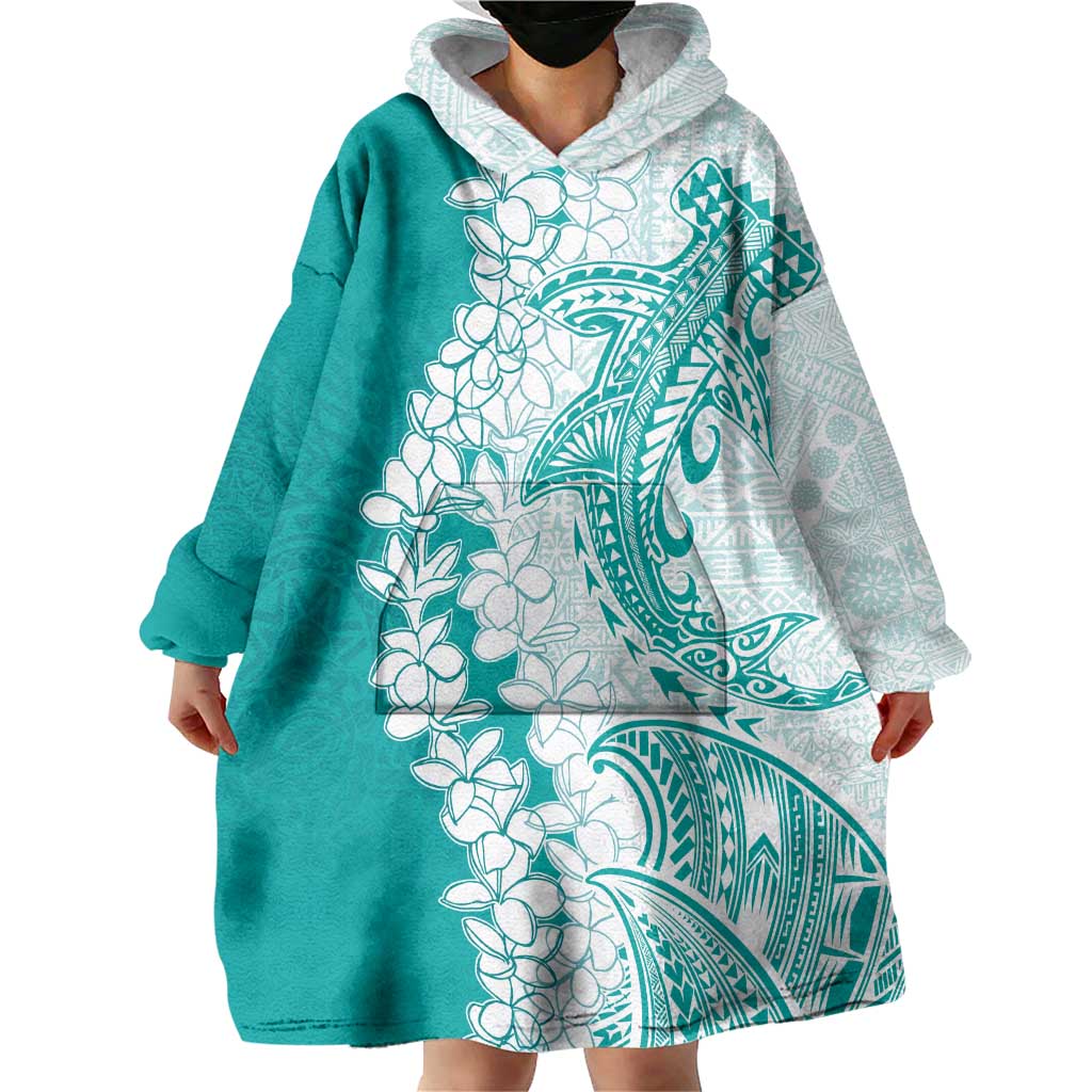 Polynesian Teal Plumeria Lei Wearable Blanket Hoodie with Hammerhead Shark LT7 - Polynesian Pride