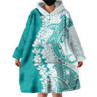 Polynesian Teal Plumeria Lei Wearable Blanket Hoodie with Hammerhead Shark LT7 - Polynesian Pride