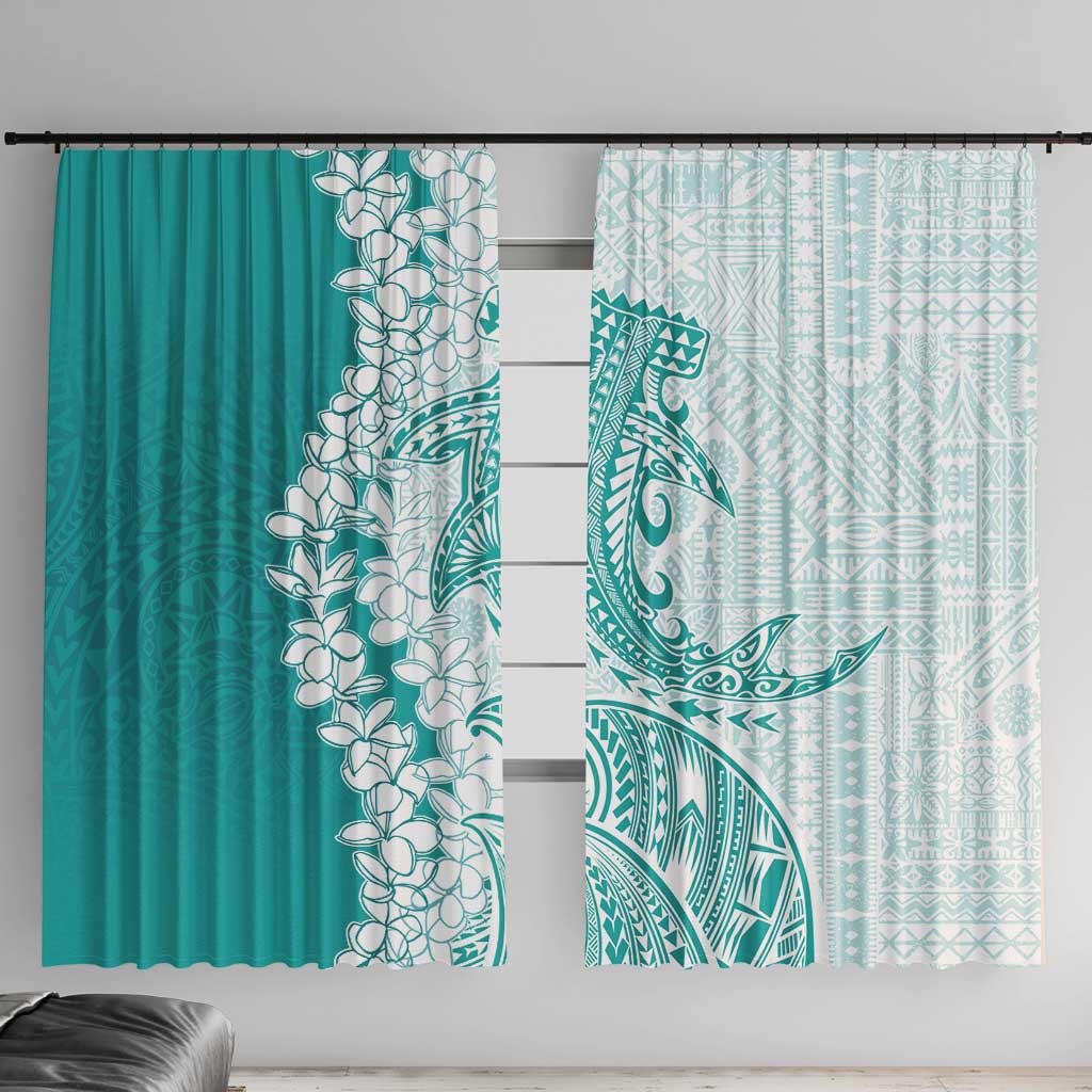 Polynesian Teal Plumeria Lei Window Curtain with Hammerhead Shark LT7 With Hooks Teal - Polynesian Pride