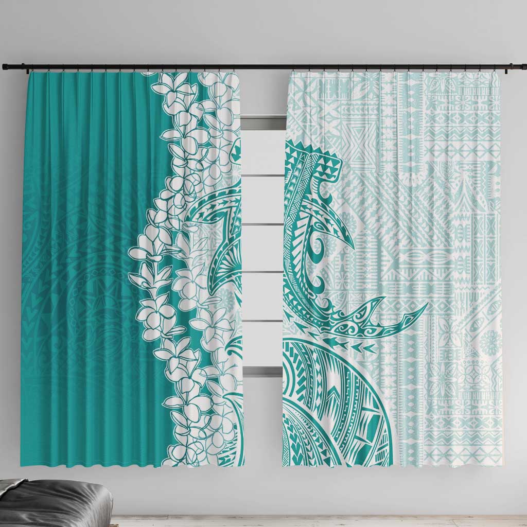 Polynesian Teal Plumeria Lei Window Curtain with Hammerhead Shark