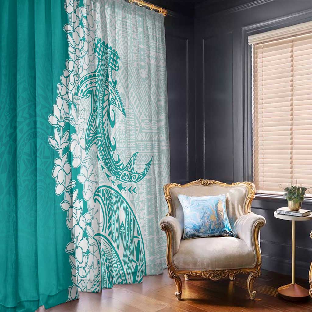Polynesian Teal Plumeria Lei Window Curtain with Hammerhead Shark LT7 - Polynesian Pride
