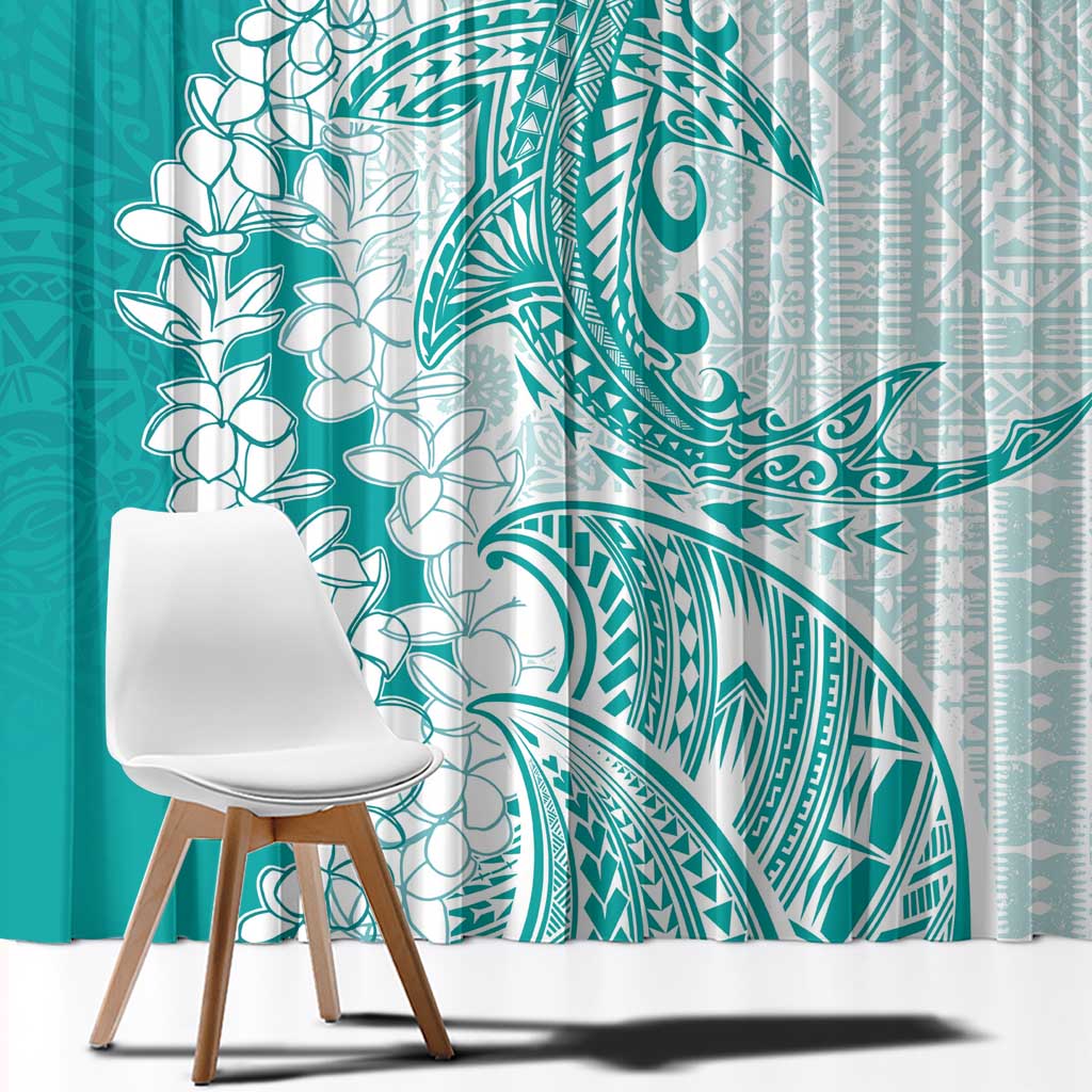 Polynesian Teal Plumeria Lei Window Curtain with Hammerhead Shark LT7 - Polynesian Pride