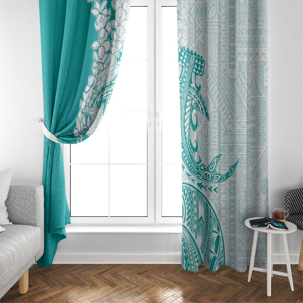 Polynesian Teal Plumeria Lei Window Curtain with Hammerhead Shark LT7 - Polynesian Pride