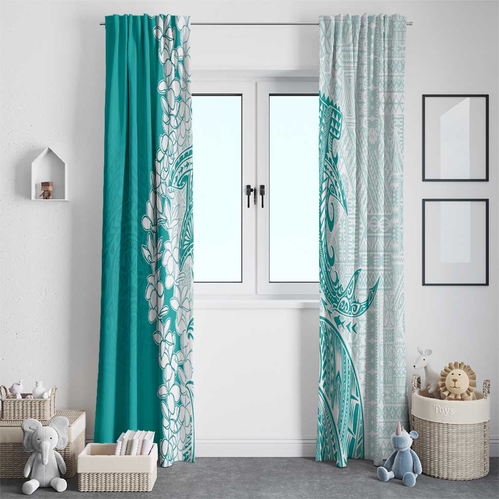 Polynesian Teal Plumeria Lei Window Curtain with Hammerhead Shark LT7 - Polynesian Pride
