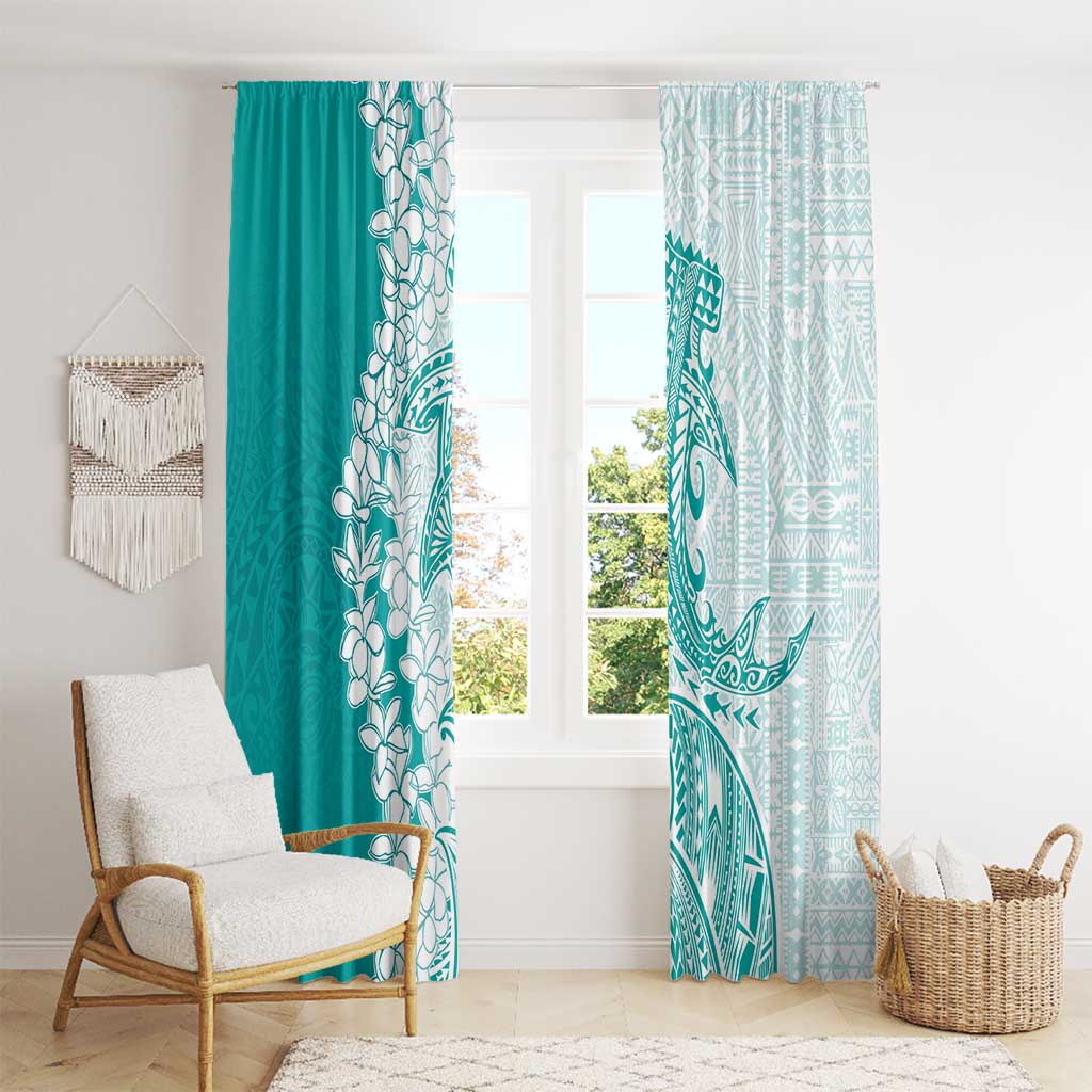Polynesian Teal Plumeria Lei Window Curtain with Hammerhead Shark LT7 - Polynesian Pride