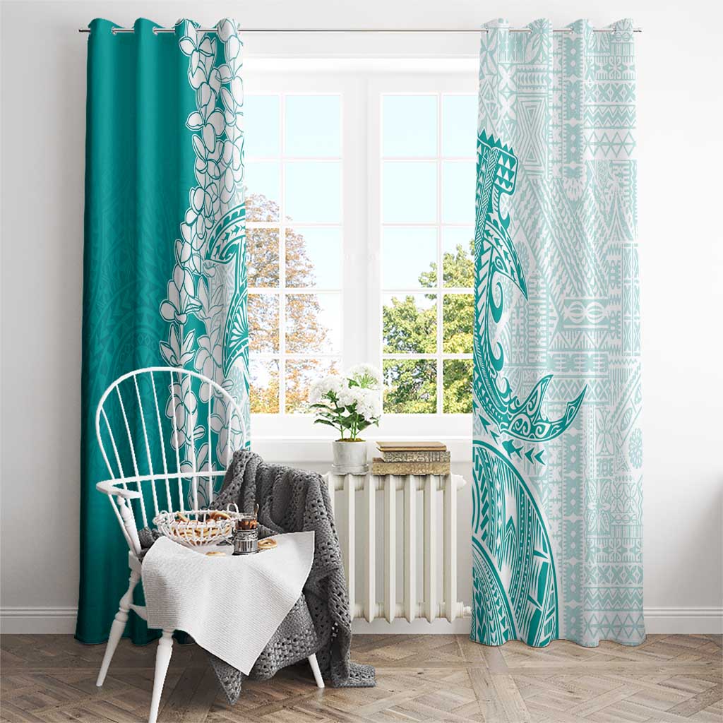 Polynesian Teal Plumeria Lei Window Curtain with Hammerhead Shark LT7 - Polynesian Pride