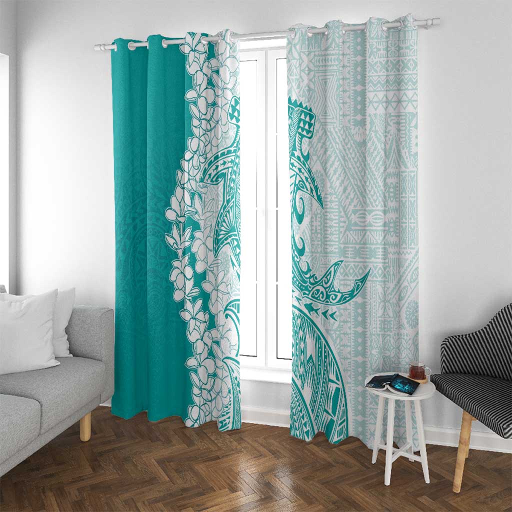 Polynesian Teal Plumeria Lei Window Curtain with Hammerhead Shark LT7 With Grommets Teal - Polynesian Pride