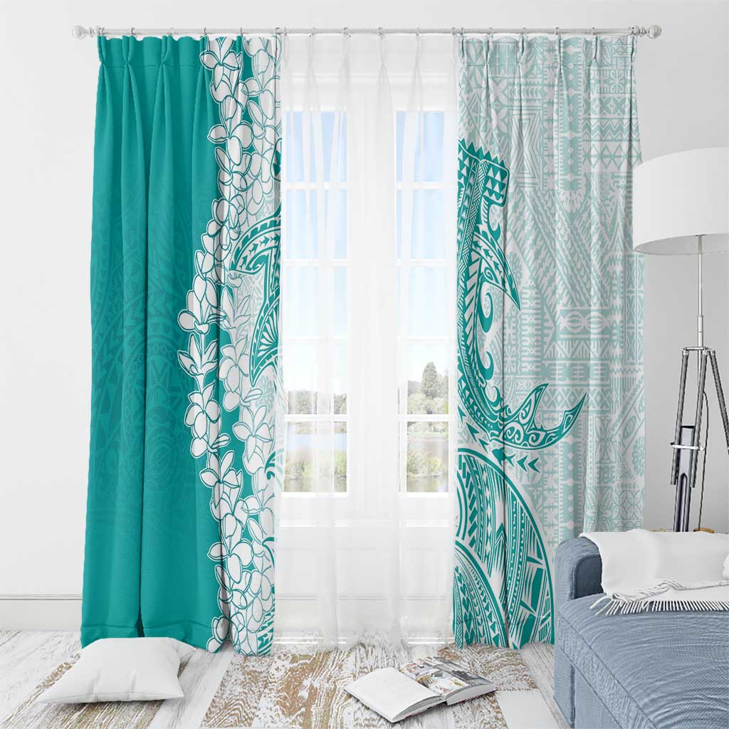 Polynesian Teal Plumeria Lei Window Curtain with Hammerhead Shark LT7 - Polynesian Pride