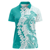 Polynesian Teal Plumeria Lei Women Polo Shirt with Hammerhead Shark