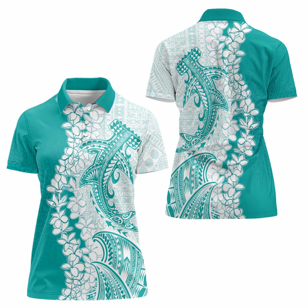 Polynesian Teal Plumeria Lei Women Polo Shirt with Hammerhead Shark