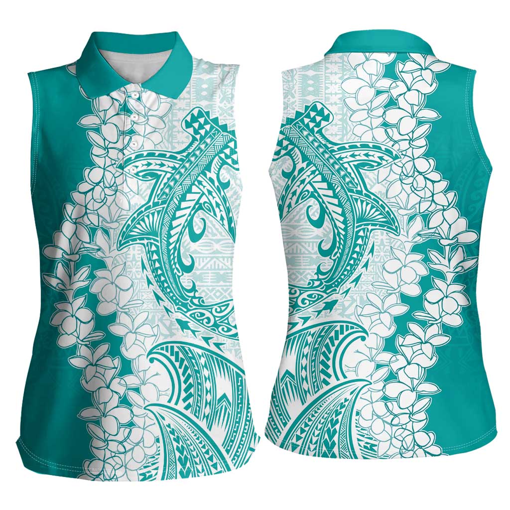 Polynesian Teal Plumeria Lei Women Sleeveless Polo Shirt with Hammerhead Shark LT7 - Polynesian Pride