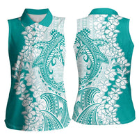 Polynesian Teal Plumeria Lei Women Sleeveless Polo Shirt with Hammerhead Shark LT7 - Polynesian Pride