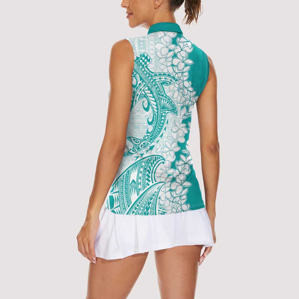 Polynesian Teal Plumeria Lei Women Sleeveless Polo Shirt with Hammerhead Shark LT7 - Polynesian Pride
