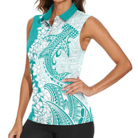 Polynesian Teal Plumeria Lei Women Sleeveless Polo Shirt with Hammerhead Shark LT7 - Polynesian Pride