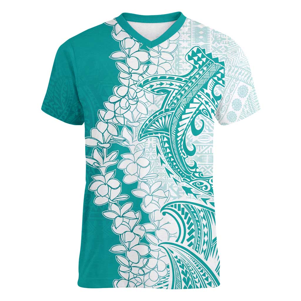 Polynesian Teal Plumeria Lei Women V-Neck T-Shirt with Hammerhead Shark LT7 Female Teal - Polynesian Pride