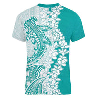 Polynesian Teal Plumeria Lei Women V-Neck T-Shirt with Hammerhead Shark LT7 - Polynesian Pride