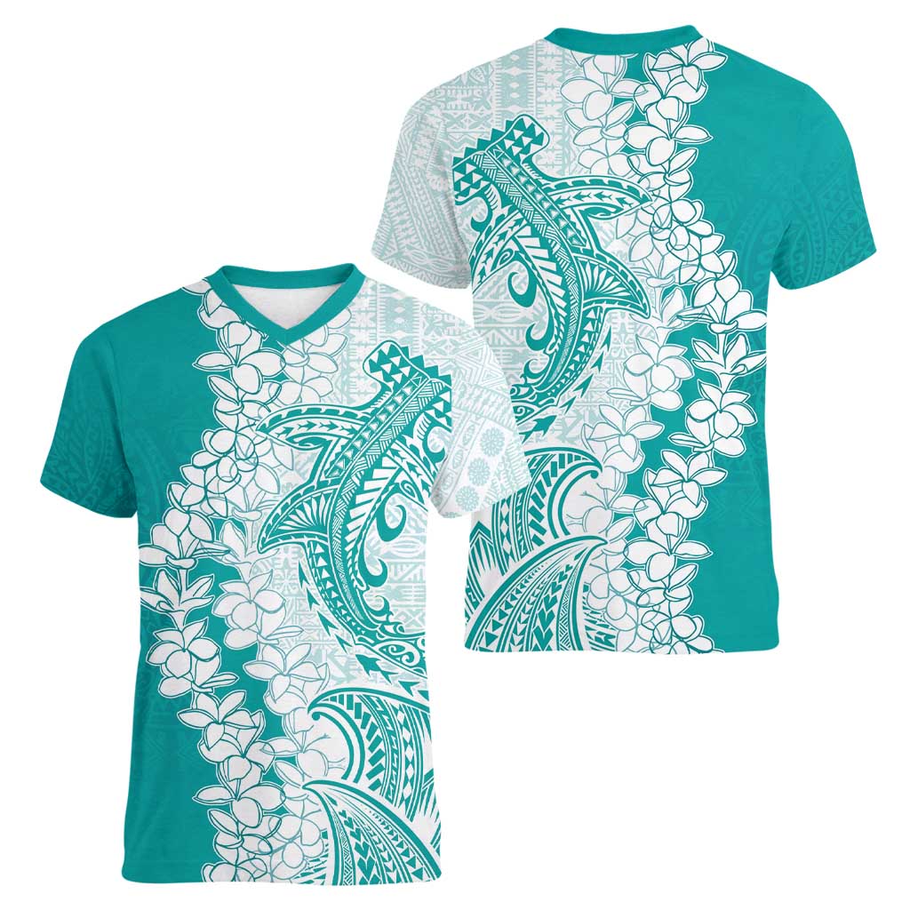 Polynesian Teal Plumeria Lei Women V-Neck T-Shirt with Hammerhead Shark LT7 - Polynesian Pride