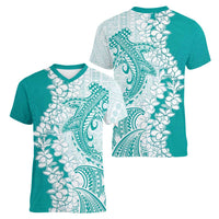Polynesian Teal Plumeria Lei Women V-Neck T-Shirt with Hammerhead Shark LT7 - Polynesian Pride