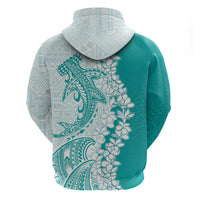 Polynesian Teal Plumeria Lei Zip Hoodie with Hammerhead Shark