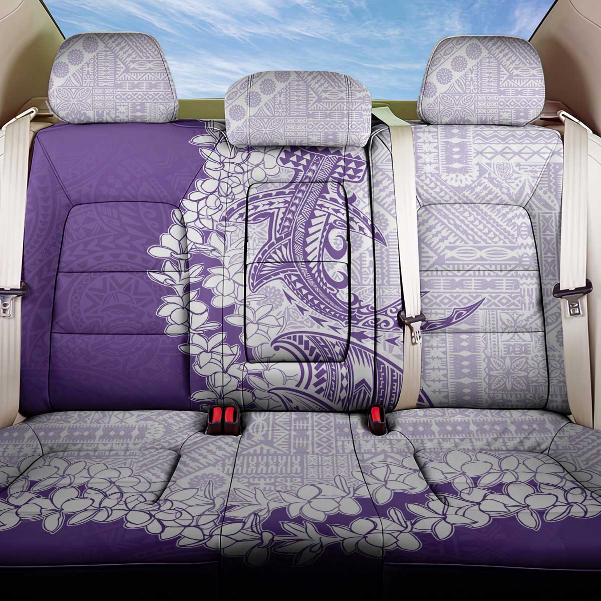 Polynesian Purple Plumeria Lei Back Car Seat Cover with Hammerhead Shark