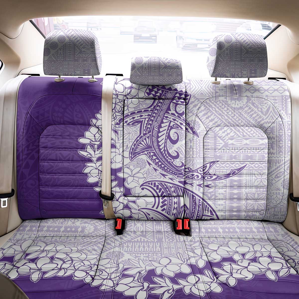 Polynesian Purple Plumeria Lei Back Car Seat Cover with Hammerhead Shark