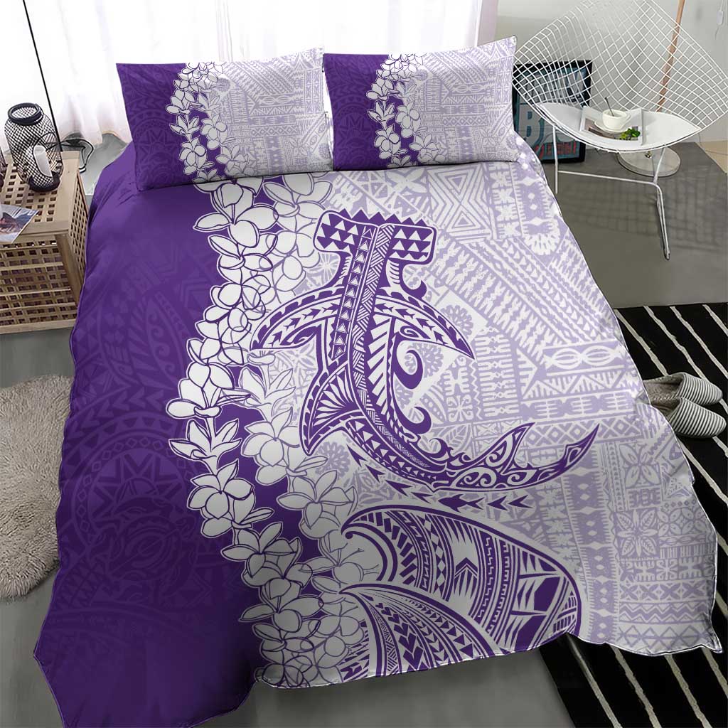 Polynesian Purple Plumeria Lei Bedding Set with Hammerhead Shark