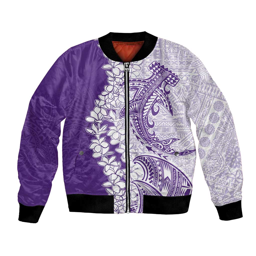 Polynesian Purple Plumeria Lei Bomber Jacket with Hammerhead Shark