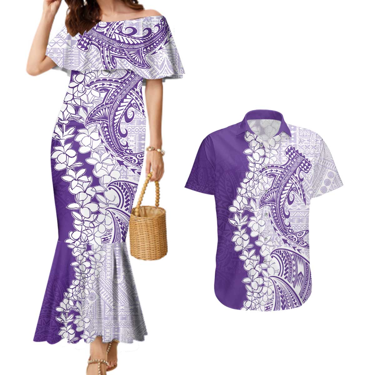 Polynesian Purple Plumeria Lei Couples Matching Mermaid Dress and Hawaiian Shirt with Hammerhead Shark