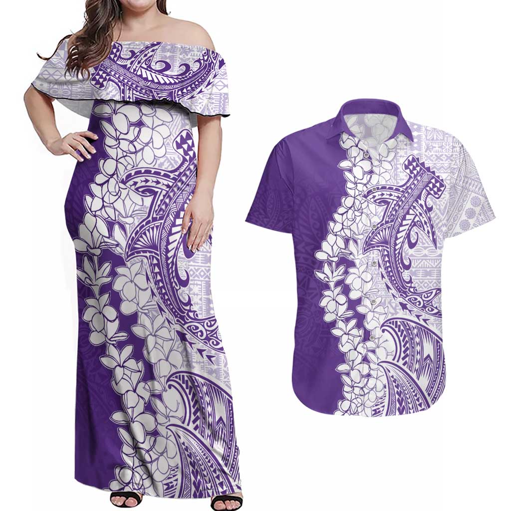 Polynesian Purple Plumeria Lei Couples Matching Off Shoulder Maxi Dress and Hawaiian Shirt with Hammerhead Shark