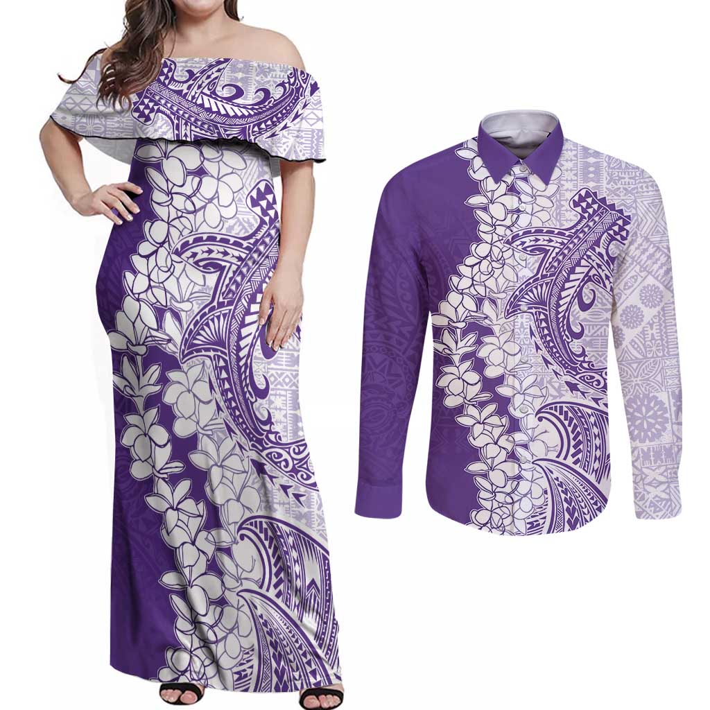 Polynesian Purple Plumeria Lei Couples Matching Off Shoulder Maxi Dress and Long Sleeve Button Shirt with Hammerhead Shark LT7 Purple - Polynesian Pride