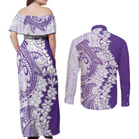Polynesian Purple Plumeria Lei Couples Matching Off Shoulder Maxi Dress and Long Sleeve Button Shirt with Hammerhead Shark LT7 - Polynesian Pride