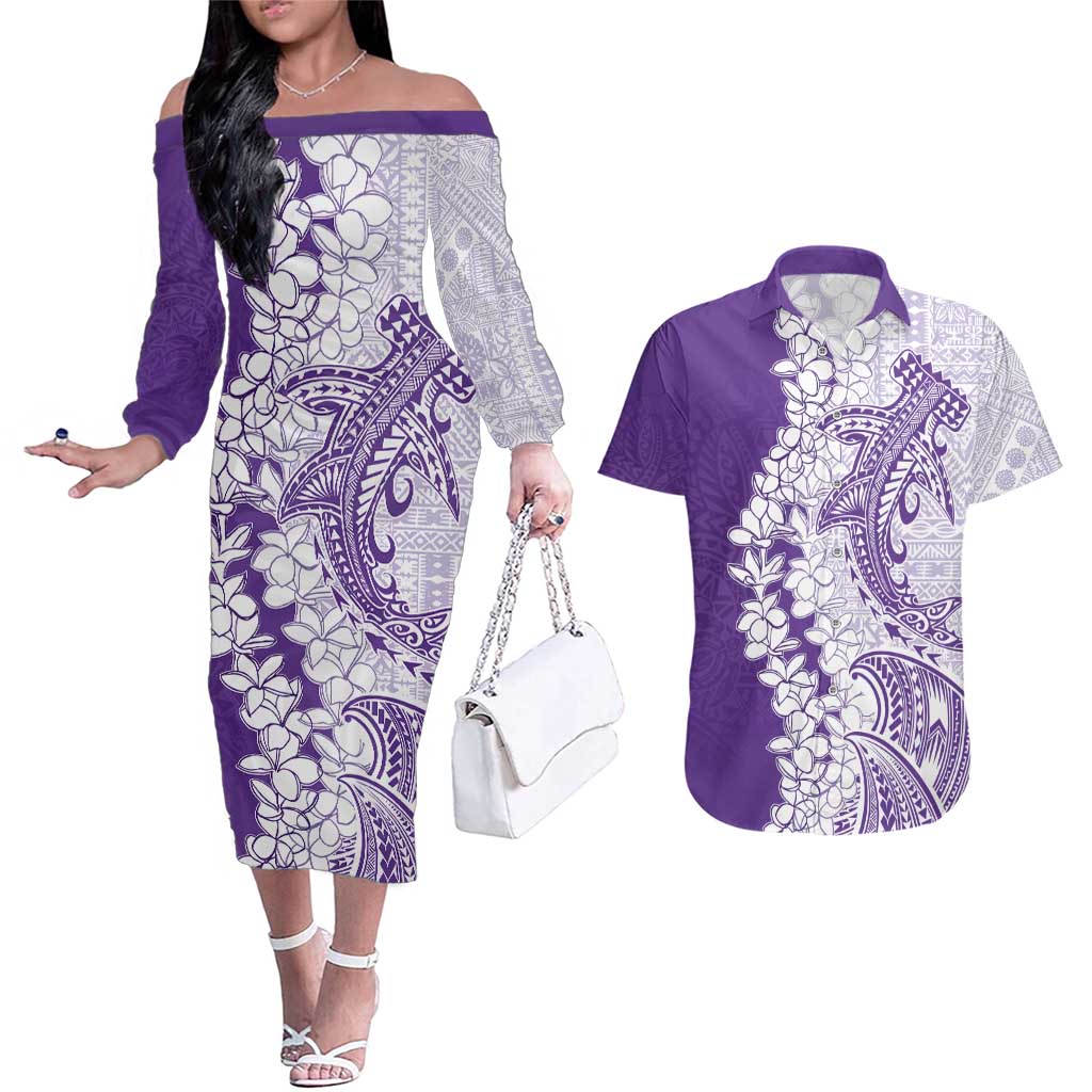 Polynesian Purple Plumeria Lei Couples Matching Off The Shoulder Long Sleeve Dress and Hawaiian Shirt with Hammerhead Shark