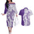 Polynesian Purple Plumeria Lei Couples Matching Off The Shoulder Long Sleeve Dress and Hawaiian Shirt with Hammerhead Shark