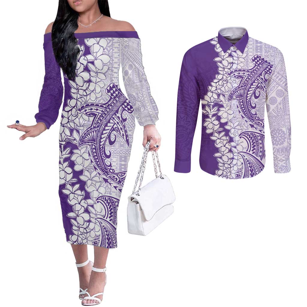 Polynesian Purple Plumeria Lei Couples Matching Off The Shoulder Long Sleeve Dress and Long Sleeve Button Shirt with Hammerhead Shark LT7 Purple - Polynesian Pride