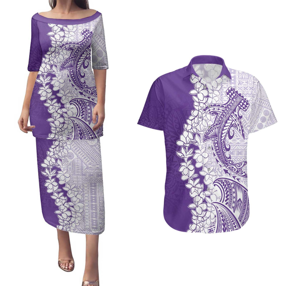 Polynesian Purple Plumeria Lei Couples Matching Puletasi and Hawaiian Shirt with Hammerhead Shark LT7 Purple - Polynesian Pride