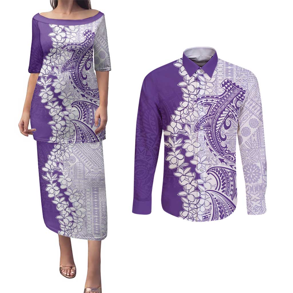 Polynesian Purple Plumeria Lei Couples Matching Puletasi and Long Sleeve Button Shirt with Hammerhead Shark LT7 Purple - Polynesian Pride