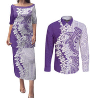 Polynesian Purple Plumeria Lei Couples Matching Puletasi and Long Sleeve Button Shirt with Hammerhead Shark LT7 Purple - Polynesian Pride