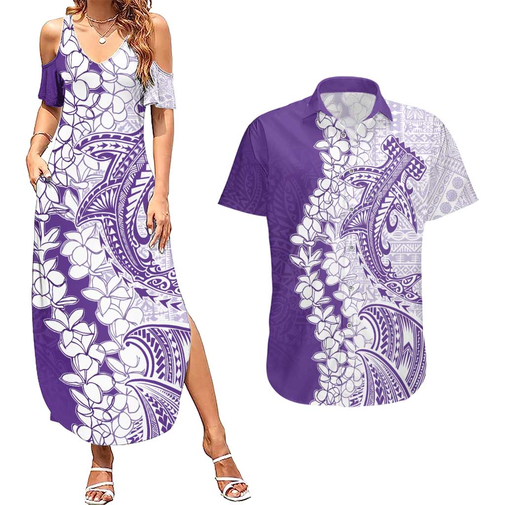 Polynesian Purple Plumeria Lei Couples Matching Summer Maxi Dress and Hawaiian Shirt with Hammerhead Shark LT7 Purple - Polynesian Pride