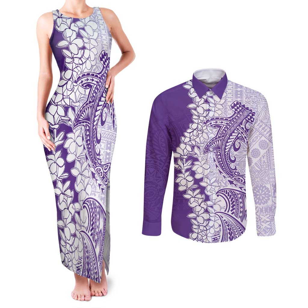 Polynesian Purple Plumeria Lei Couples Matching Tank Maxi Dress and Long Sleeve Button Shirt with Hammerhead Shark LT7 Purple - Polynesian Pride