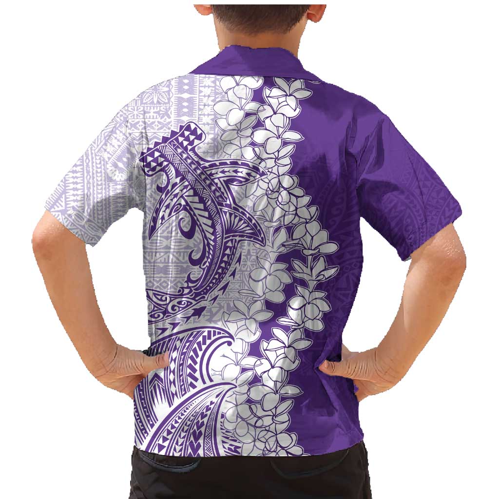 Polynesian Purple Plumeria Lei Family Matching Mermaid Dress and Hawaiian Shirt with Hammerhead Shark