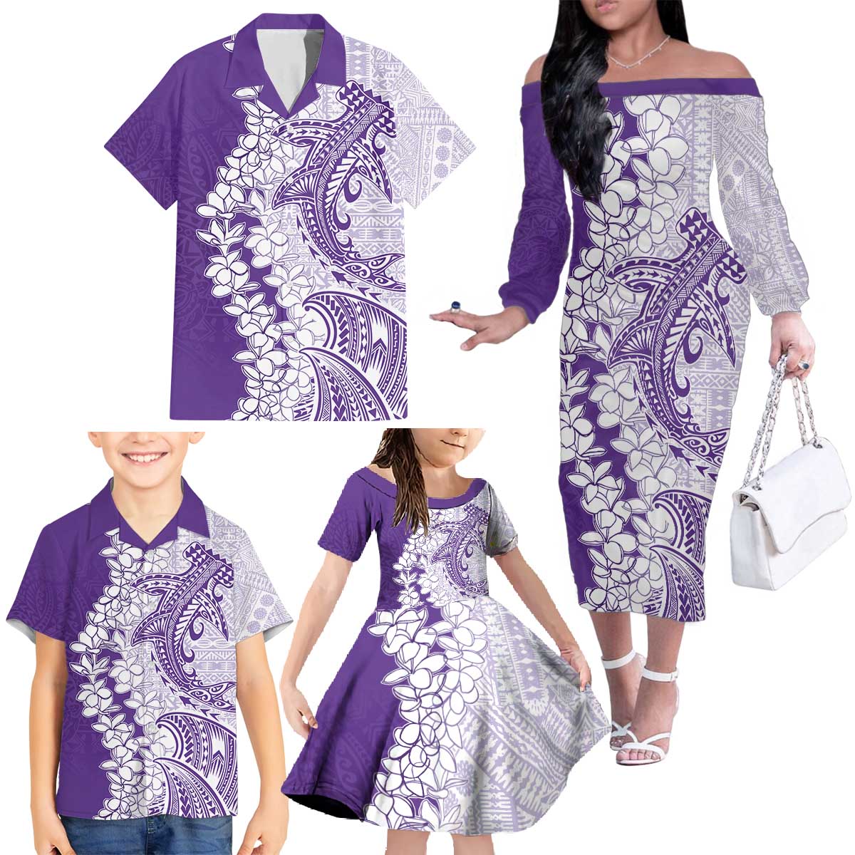 Polynesian Purple Plumeria Lei Family Matching Off The Shoulder Long Sleeve Dress and Hawaiian Shirt with Hammerhead Shark