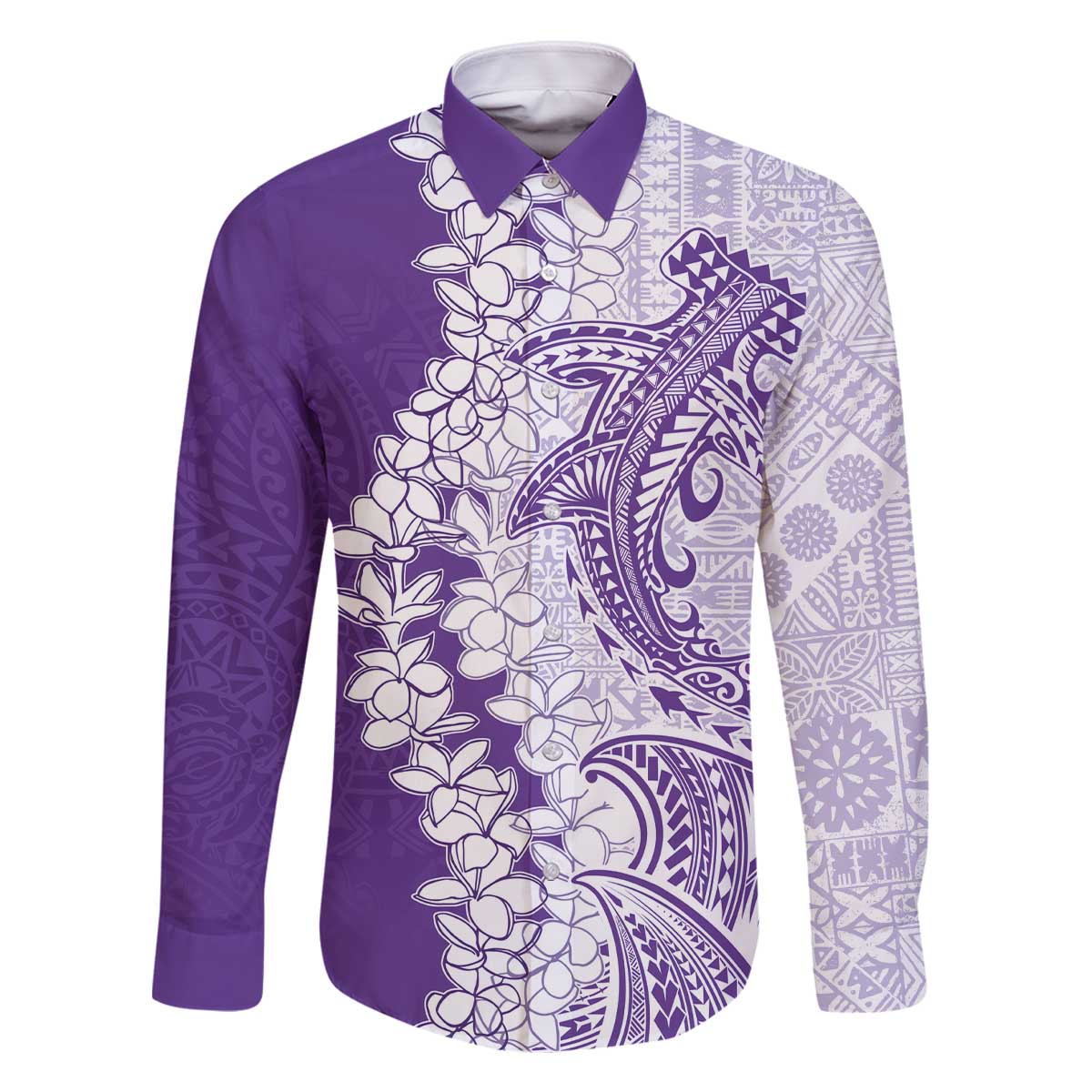 Polynesian Purple Plumeria Lei Family Matching Off The Shoulder Long Sleeve Dress and Hawaiian Shirt with Hammerhead Shark