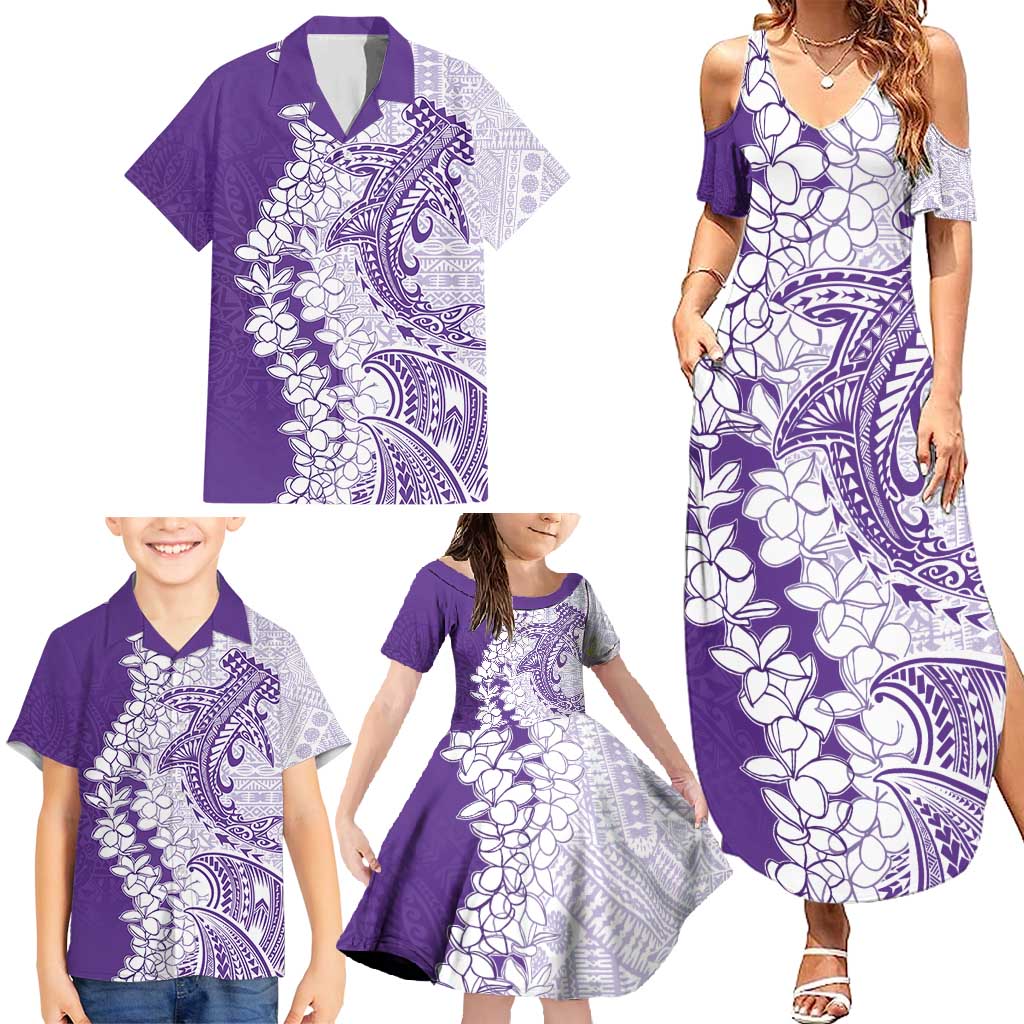 Polynesian Purple Plumeria Lei Family Matching Summer Maxi Dress and Hawaiian Shirt with Hammerhead Shark