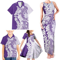 Polynesian Purple Plumeria Lei Family Matching Tank Maxi Dress and Hawaiian Shirt with Hammerhead Shark