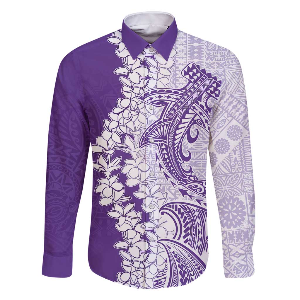 Polynesian Purple Plumeria Lei Family Matching Tank Maxi Dress and Hawaiian Shirt with Hammerhead Shark