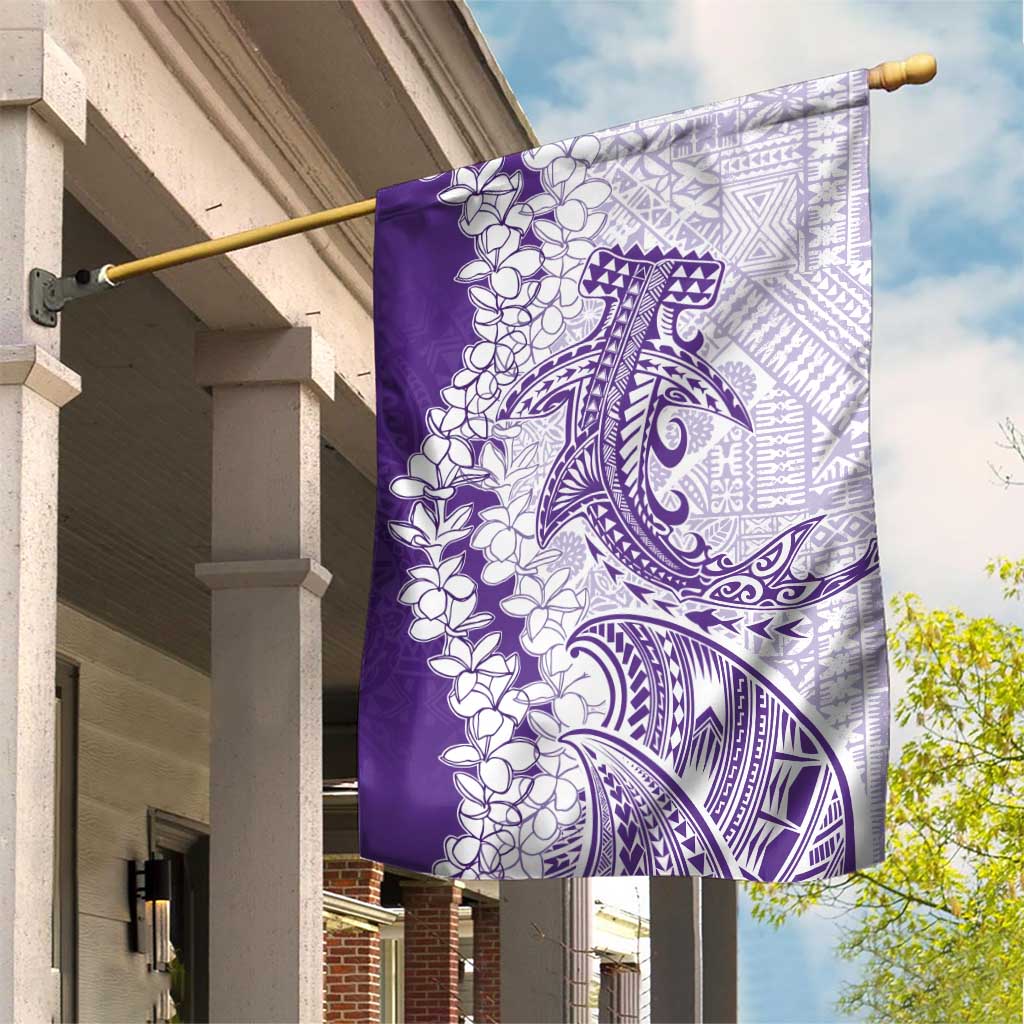 Polynesian Purple Plumeria Lei Garden Flag with Hammerhead Shark